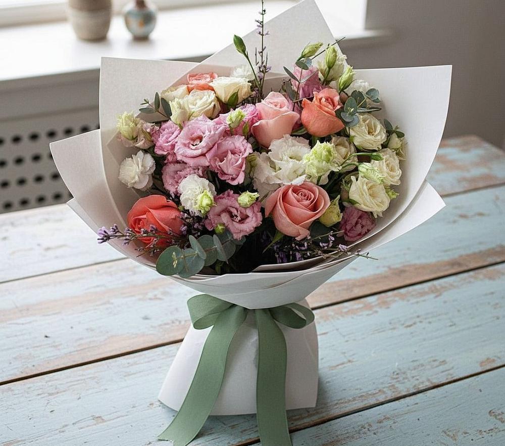 Букет цветов из: Розы, Лизиантусы и Гвоздики в Успенской