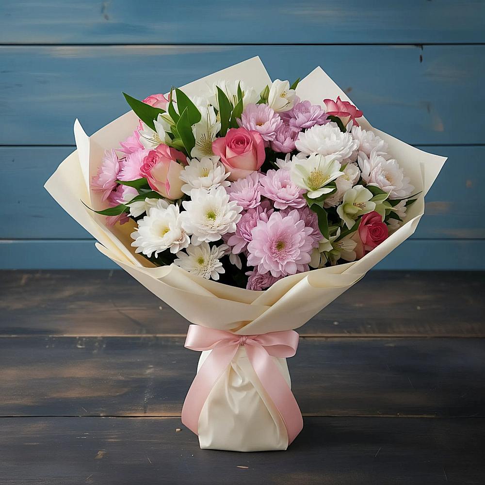 Букет цветов из: Хризантемы, Альстромерии и Розы в Успенской